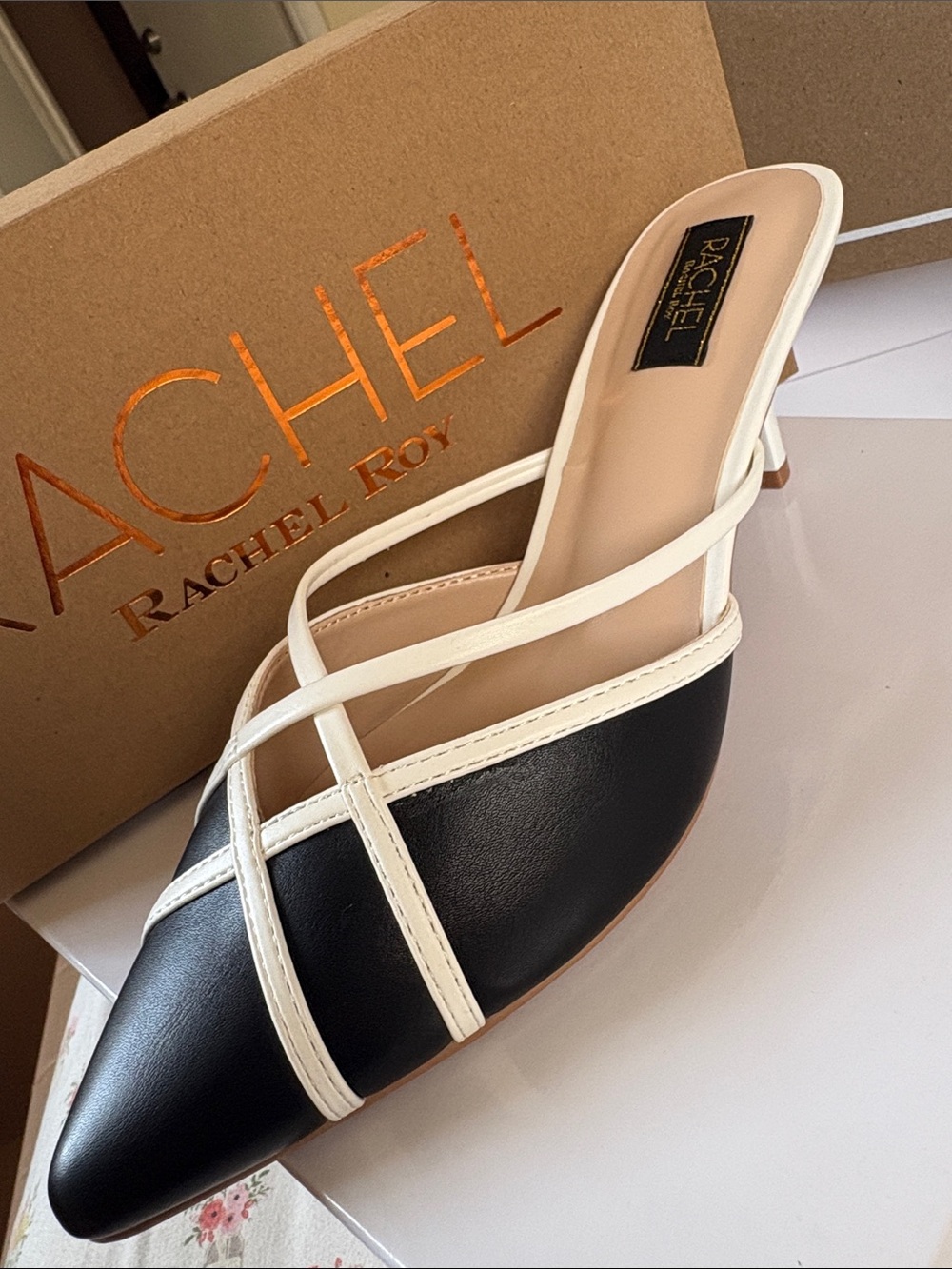 NWT RACHEL  Rachel Roy Black and White Pointed-Toe Strappy Mule, size 8.5.
